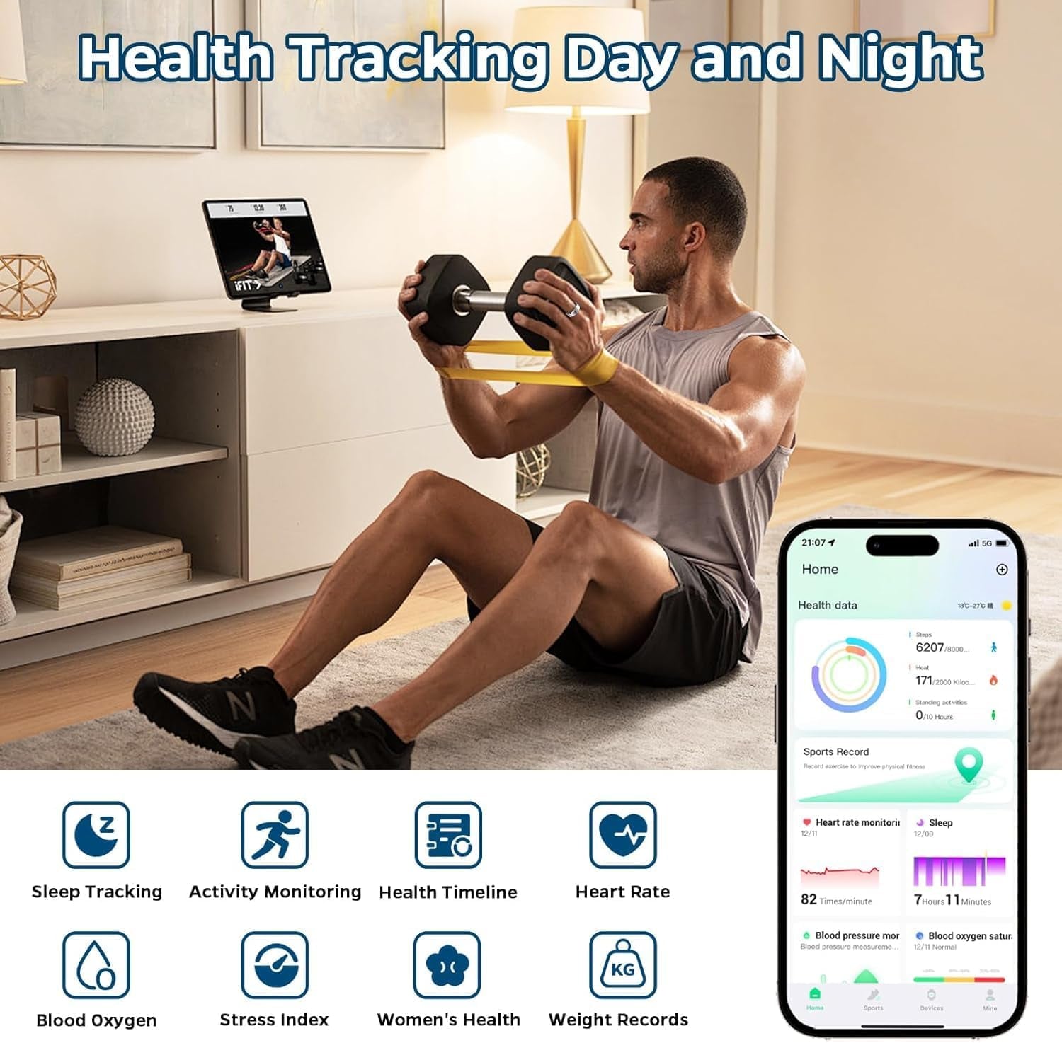 Sleep Tracker Ring with Heart Rate, Waterproof Fitness Ring for Activity Monitoring/Steps/Distance/Calories, Air Gestures, up to 7-Day Battery, for Ios Android (Silver,#12)