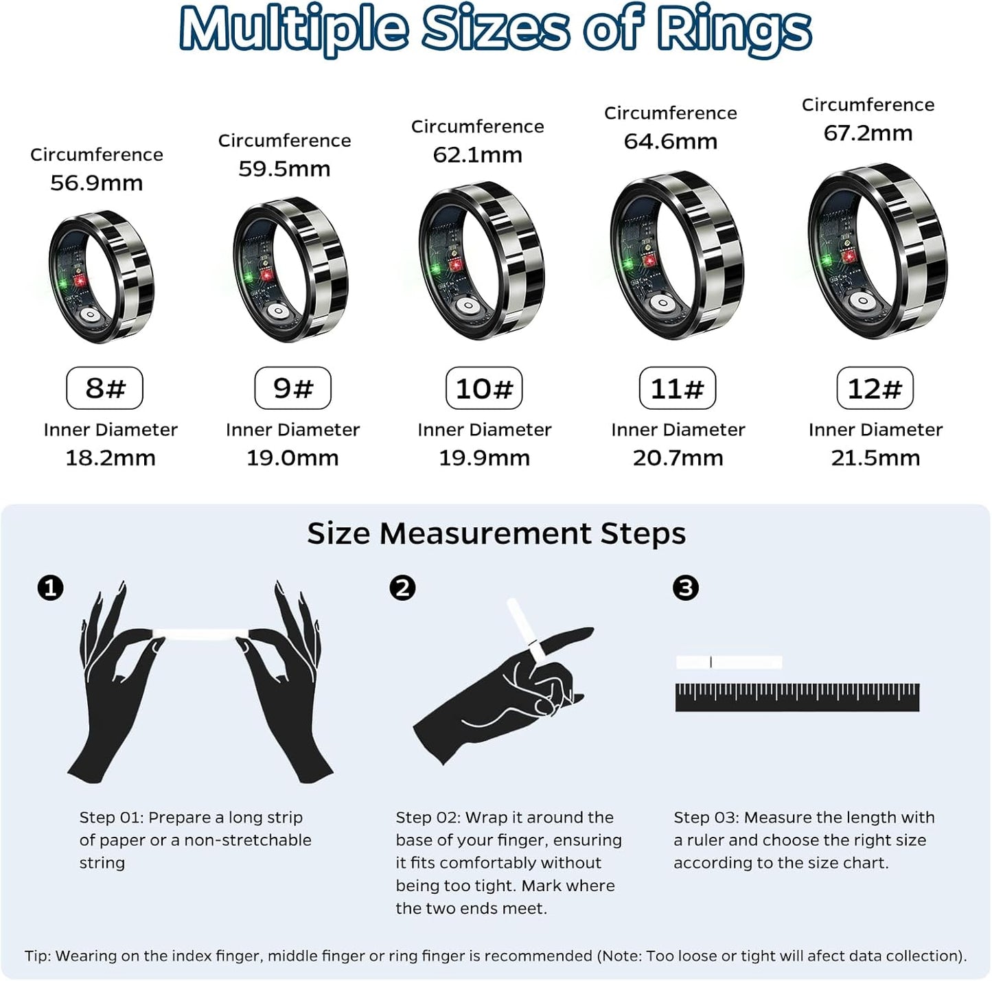 Sleep Tracker Ring with Heart Rate, Waterproof Fitness Ring for Activity Monitoring/Steps/Distance/Calories,Air Gestures,Up to 7Day Battery,For Ios Android(Stylish Black#10)